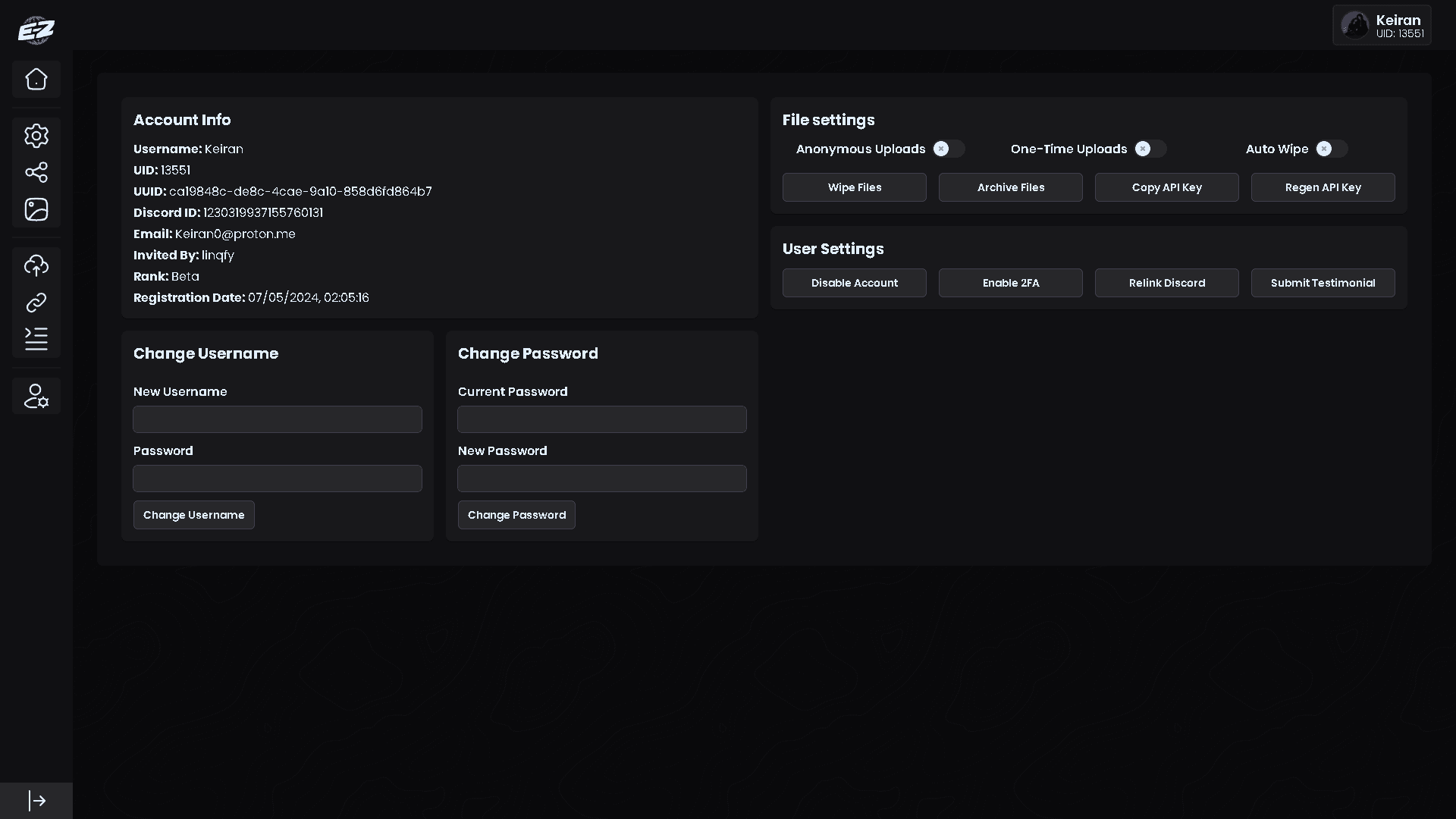 Settings interface